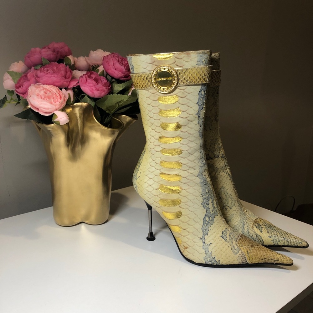 Faux snake skin gold heeled boots size 8